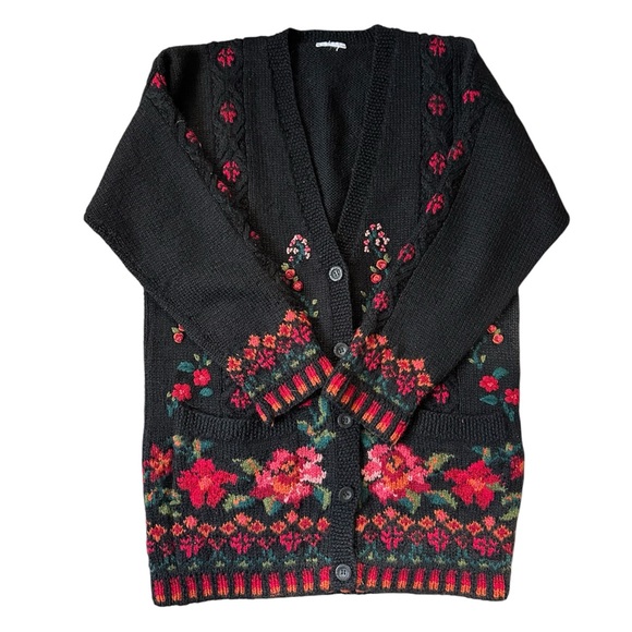 Laura Ashley Sweaters - Laura Ashley Vintage Floral Embroidered Black Baba Yaga Cardigan